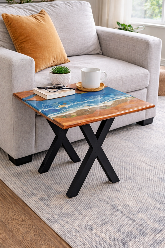 Handmade Wood &amp; Epoxy Ocean Side Table